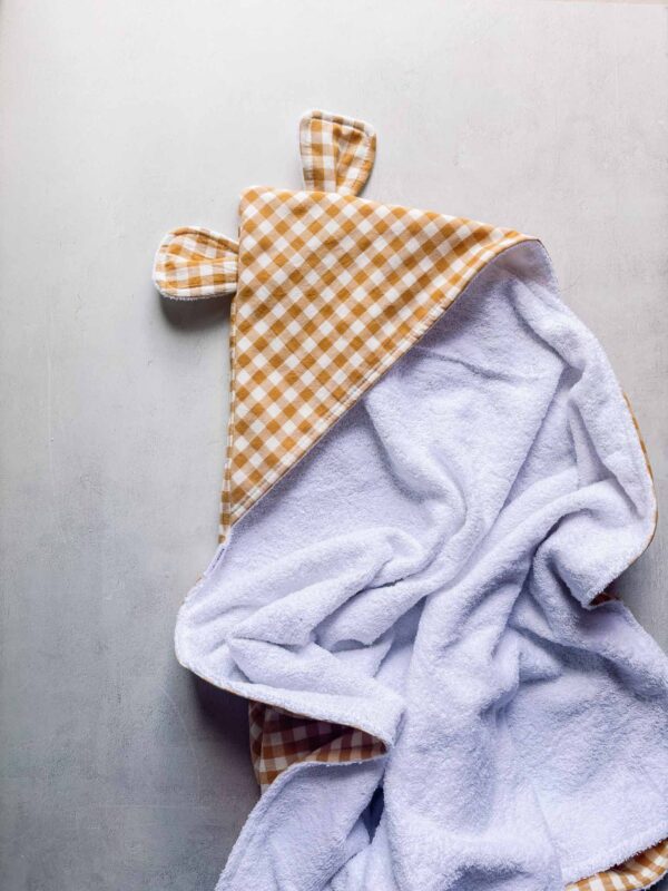Mustard Gingham hooded baby towel with bear ear hood