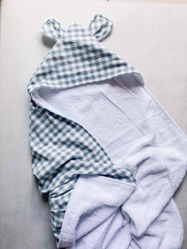 Blue Gingham hooded baby towel in 100% cotton