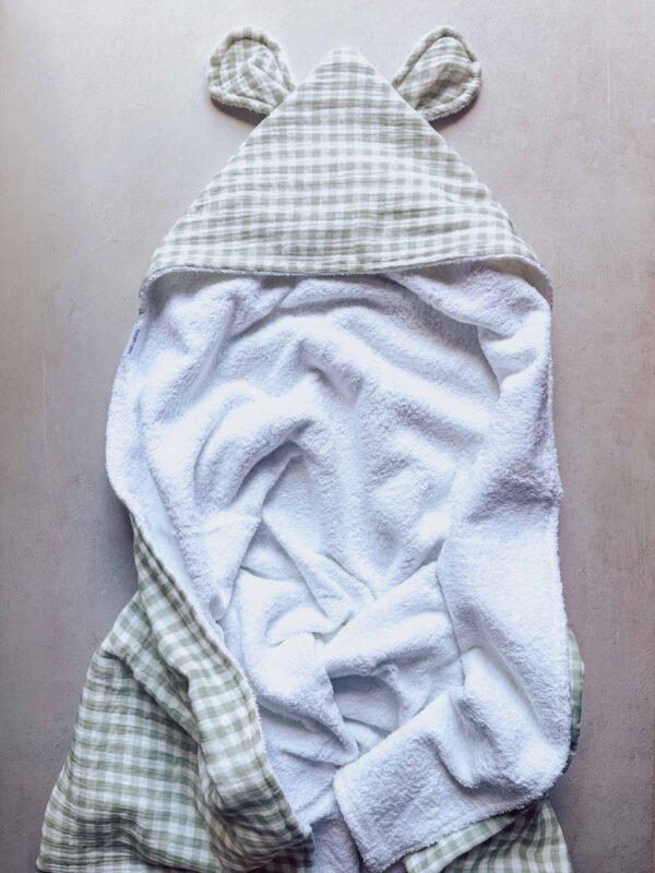 Sage gingham hooded baby towel with bear ears